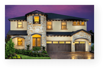 westbay story | model home front exterior at dusk